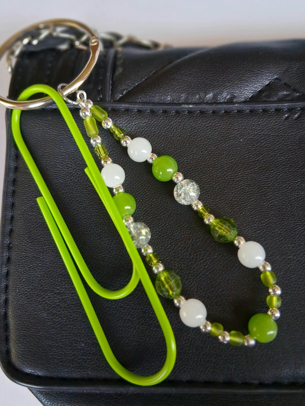 Fun Lime Green School Paperclip Beaded Green and White Purse Charm or Keychain